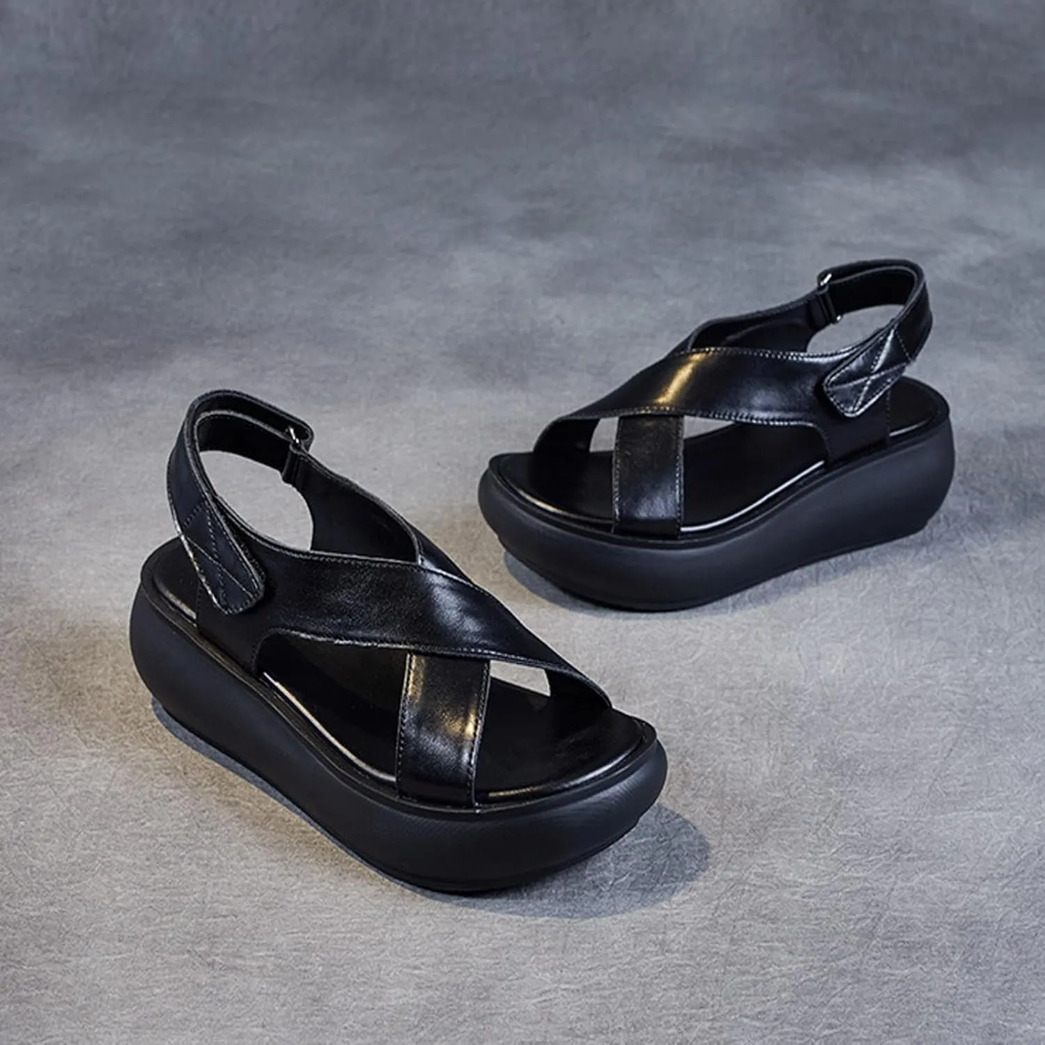 Handmade Genuine Leather Thick-Soled Wedge Sandals, Fashionable Retro Style Non-Slip Thick Heel Round Open Toe Sandals with Adjustable Hook and Loop, Suitable for Daily Wear