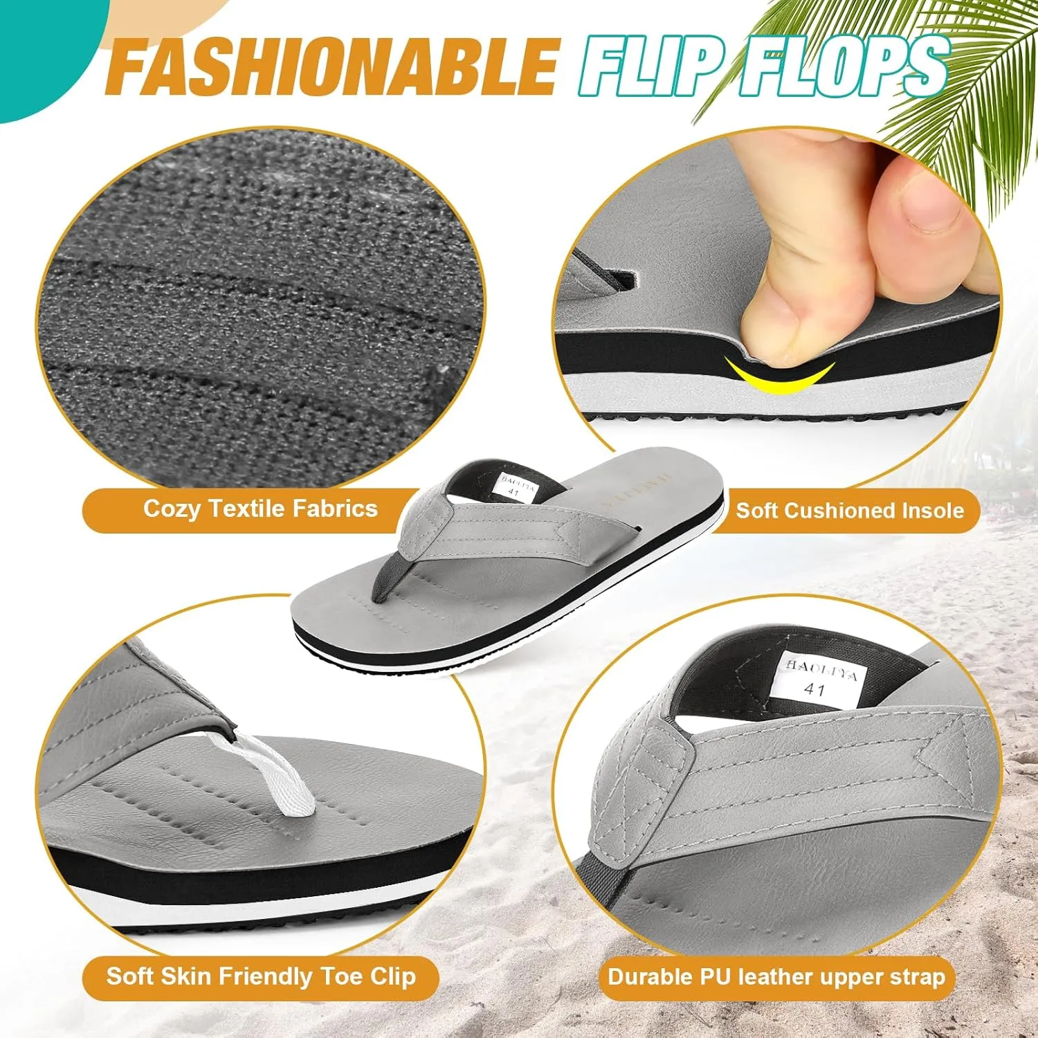 HAOLIRA Mens Flip Flops Arch Support Soft Cushion Footbed Walking Leather Thong Sandals Waterproof Lightweight Slip on Slippers for Summer Beach Indoor Outdoor