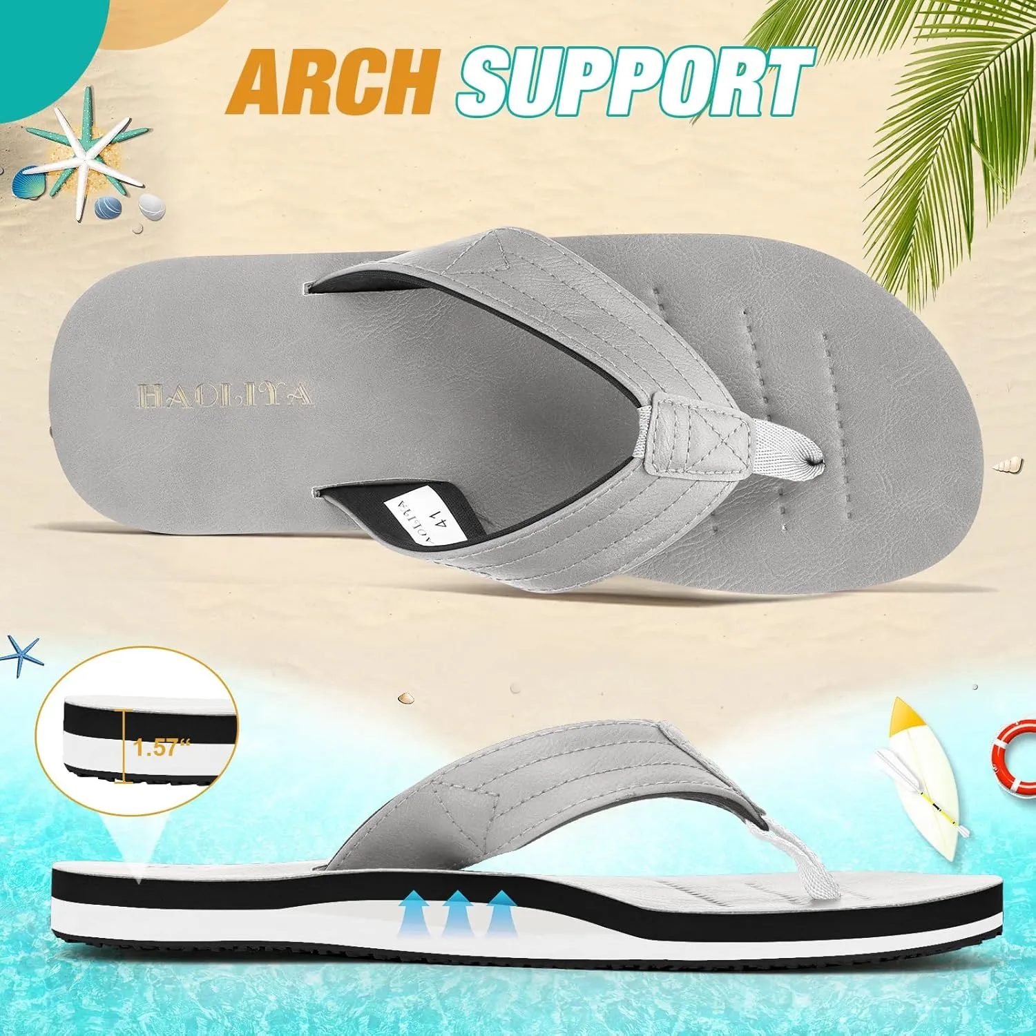HAOLIRA Mens Flip Flops Arch Support Soft Cushion Footbed Walking Leather Thong Sandals Waterproof Lightweight Slip on Slippers for Summer Beach Indoor Outdoor