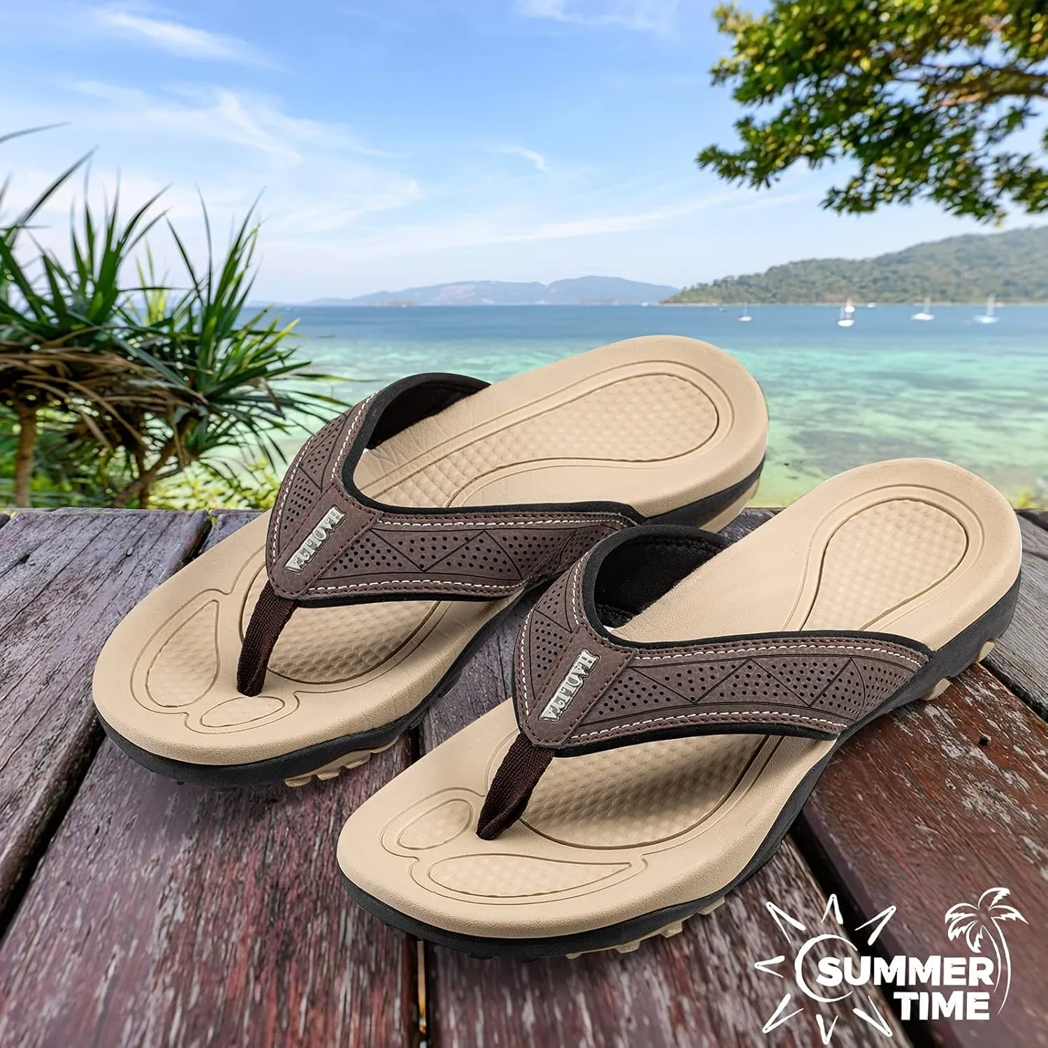 HAOLIRA Mens Leather Flip Flops with Arch Support Comfortable Cushion Thong Sandals Lightweight Waterproof Outdoor Summer Beach Pool Shoes