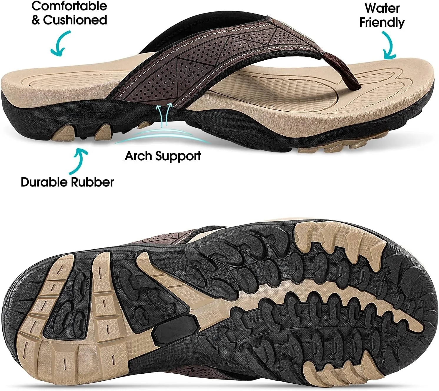 HAOLIRA Mens Leather Flip Flops with Arch Support Comfortable Cushion Thong Sandals Lightweight Waterproof Outdoor Summer Beach Pool Shoes