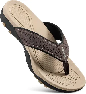 HAOLIRA Mens Leather Flip Flops with Arch Support Comfortable Cushion Thong Sandals Lightweight Waterproof Outdoor Summer Beach Pool Shoes