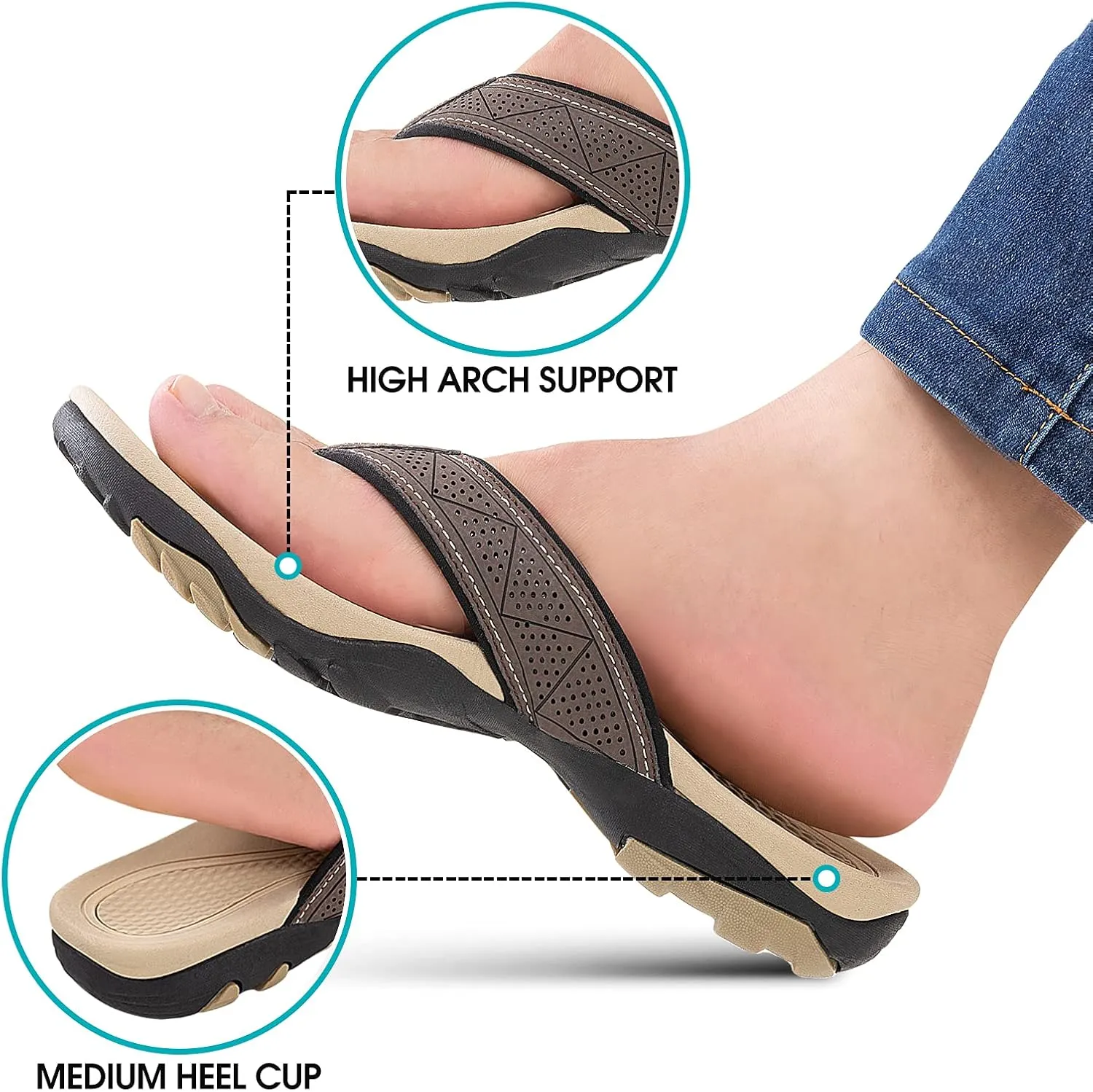 HAOLIRA Mens Leather Flip Flops with Arch Support Comfortable Cushion Thong Sandals Lightweight Waterproof Outdoor Summer Beach Pool Shoes