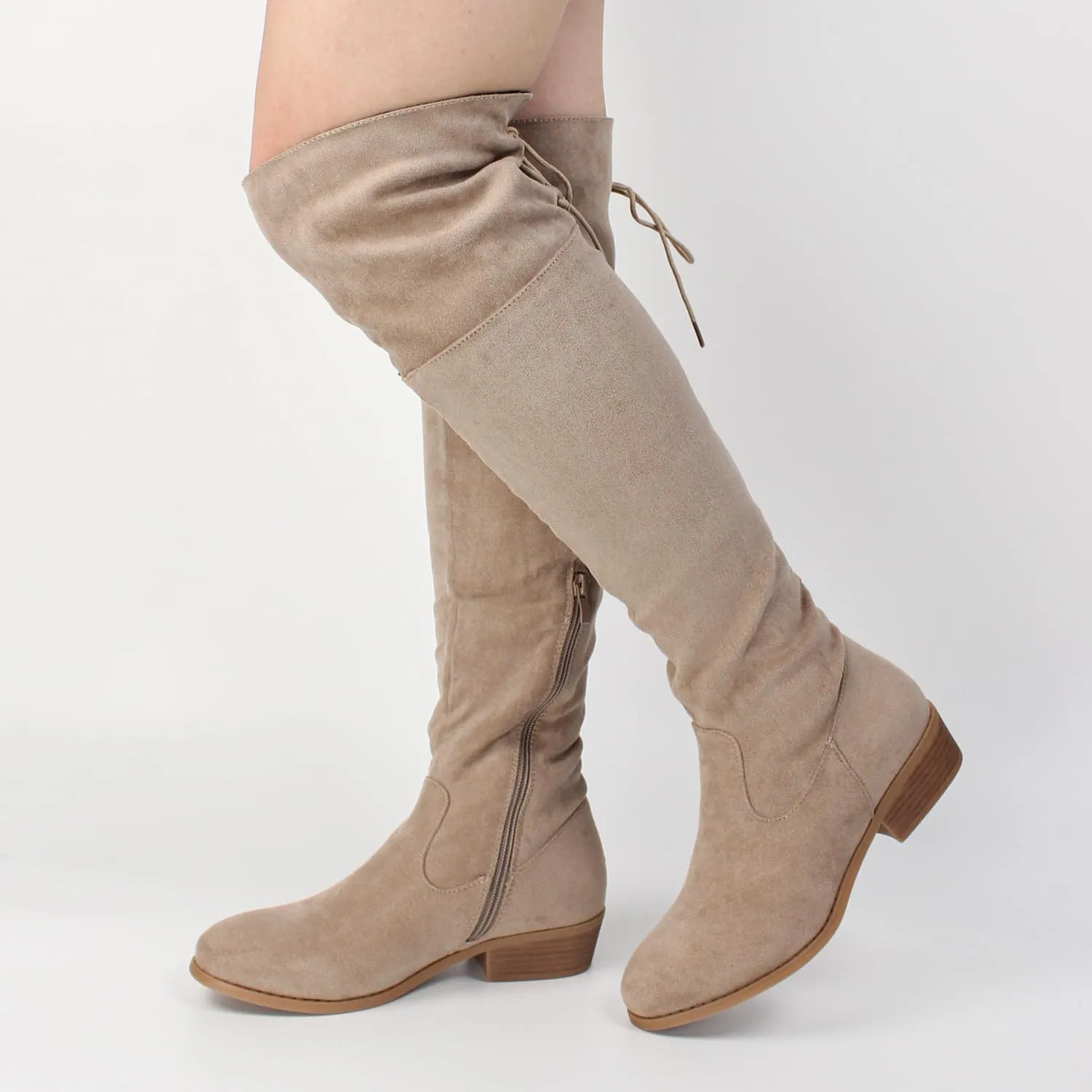Hawkwell Women's Thigh High Fashion Boots Over The Knee Black Low Flat Heel Boots