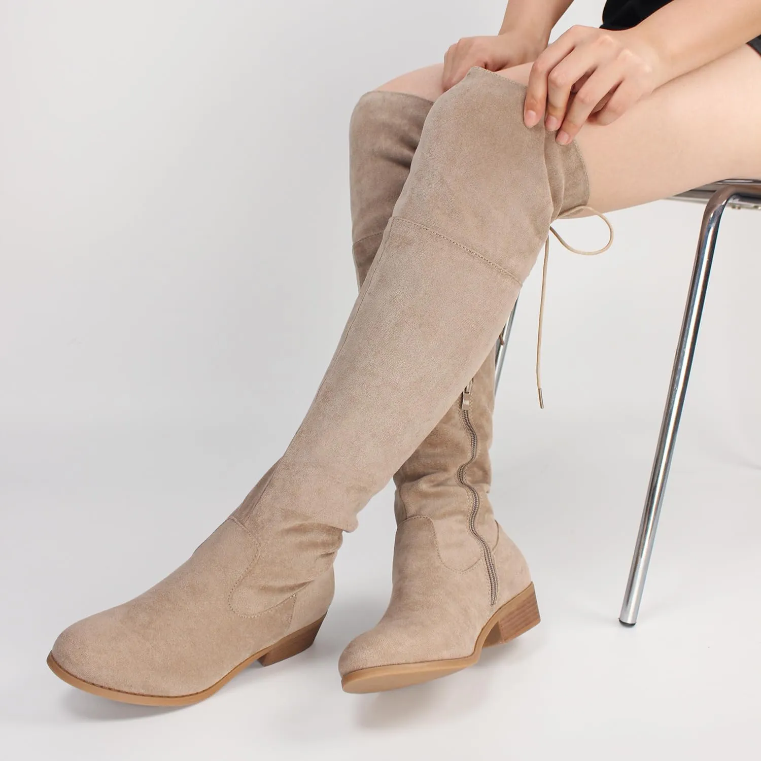 Hawkwell Women's Thigh High Fashion Boots Over The Knee Black Low Flat Heel Boots