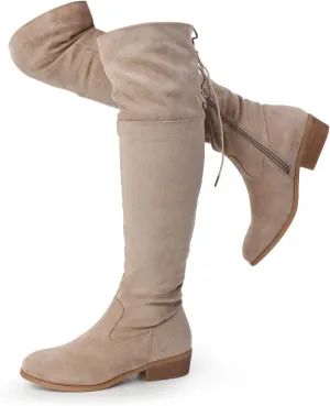 Hawkwell Women's Thigh High Fashion Boots Over The Knee Black Low Flat Heel Boots