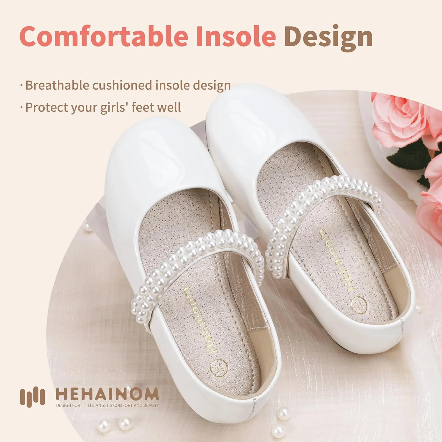Hehainom Toddler Flower Girls Dress Shoes, Mary Jane Princess Ballet Flats with Bow and Peals for Party School
