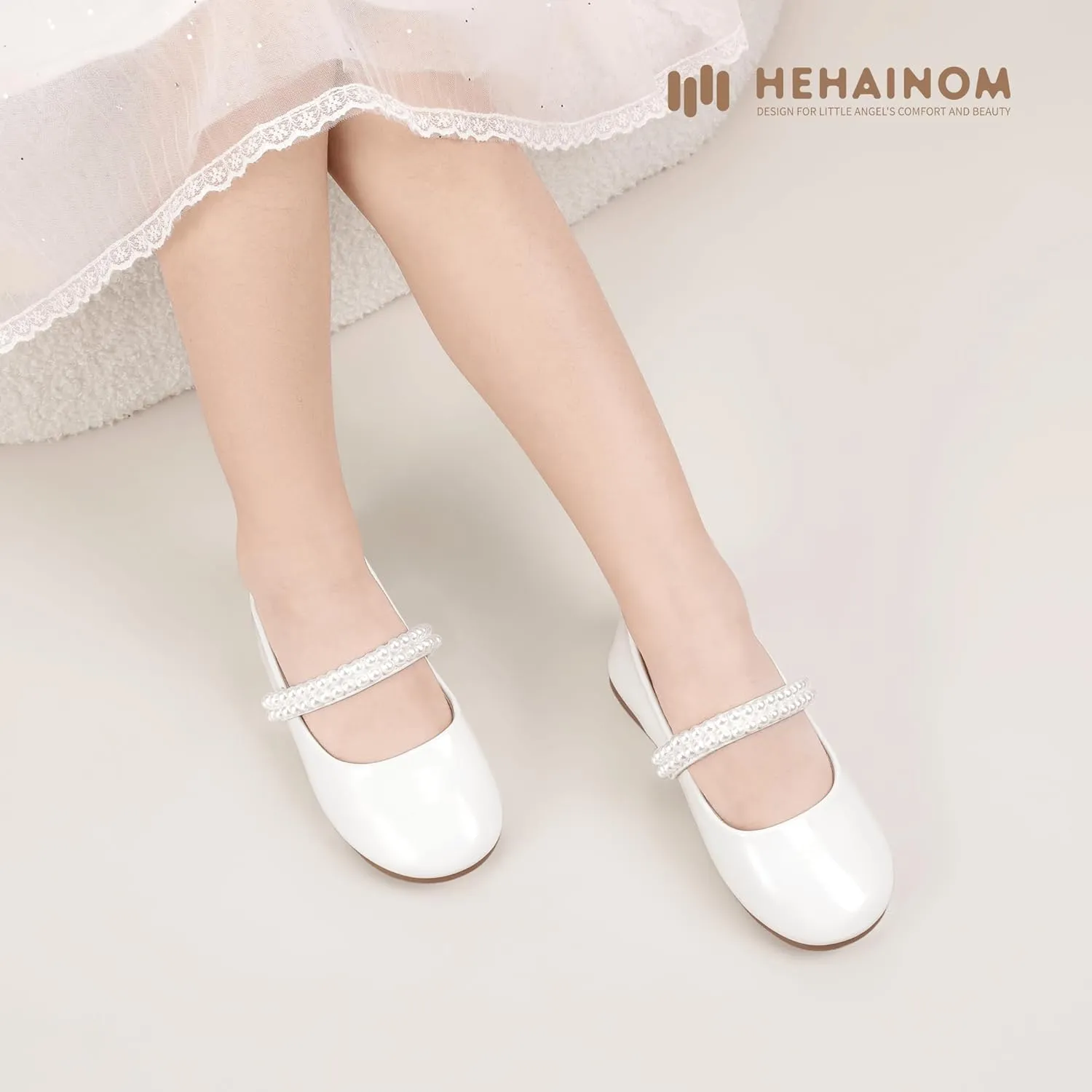Hehainom Toddler Flower Girls Dress Shoes, Mary Jane Princess Ballet Flats with Bow and Peals for Party School