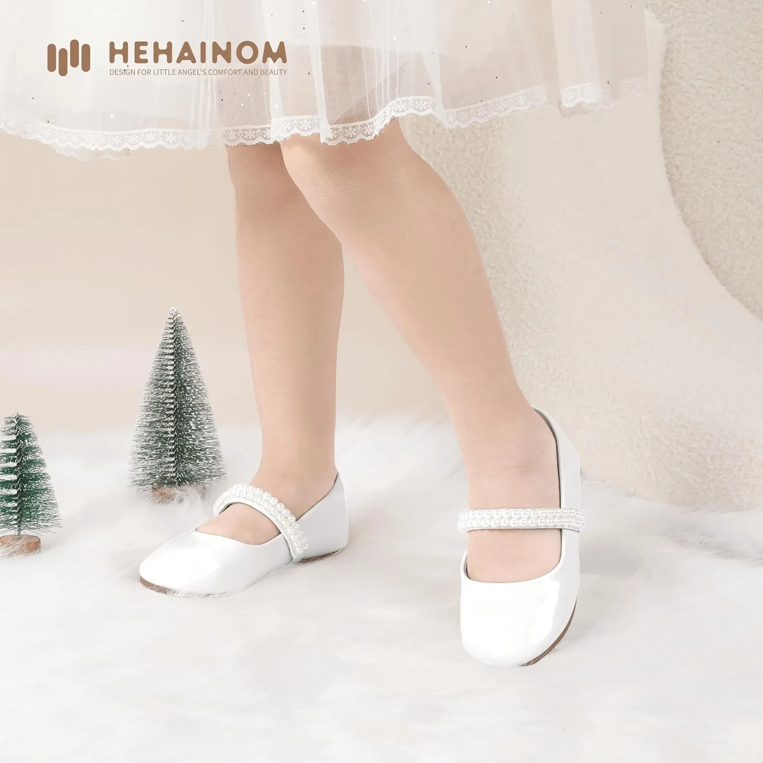 Hehainom Toddler Flower Girls Dress Shoes, Mary Jane Princess Ballet Flats with Bow and Peals for Party School