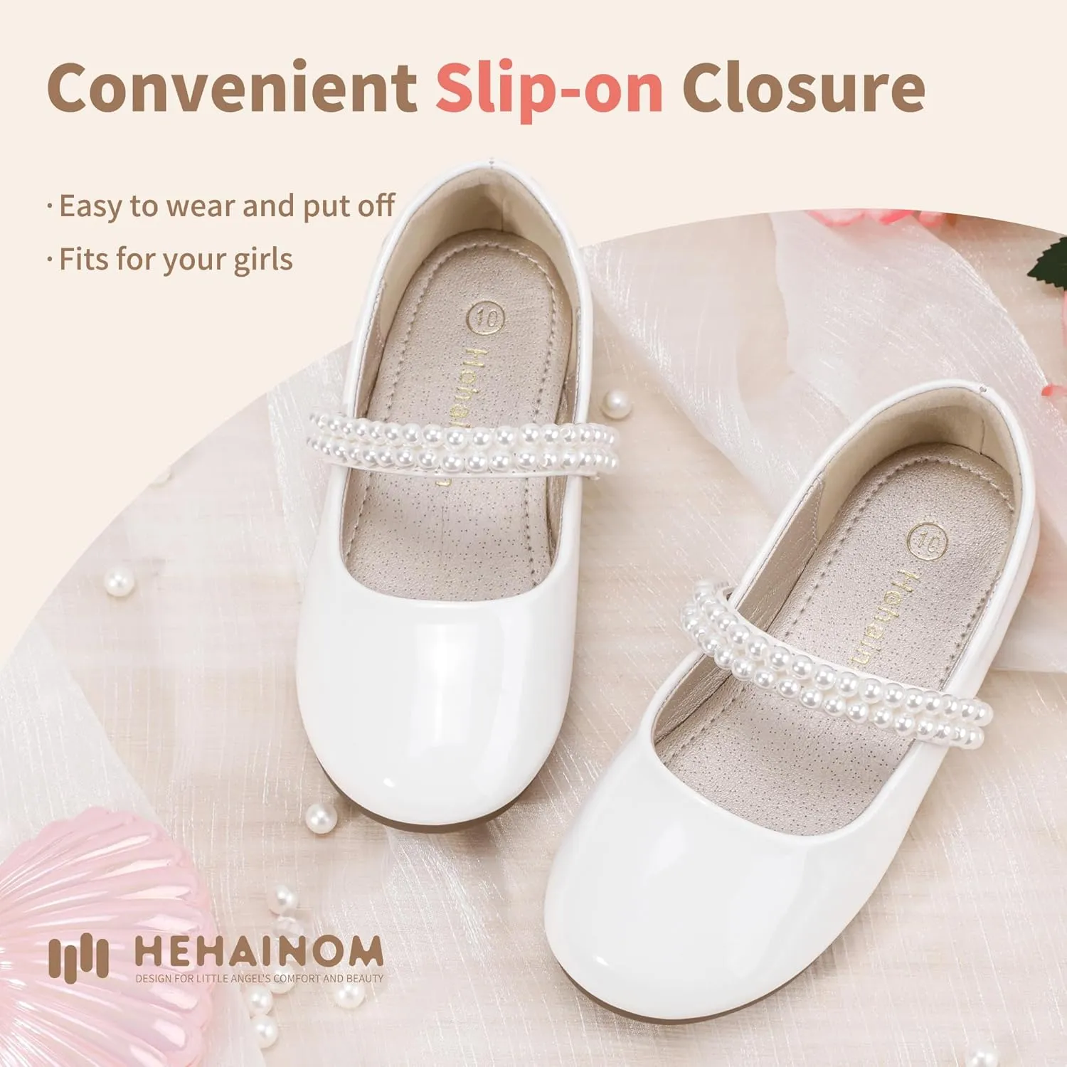 Hehainom Toddler Flower Girls Dress Shoes, Mary Jane Princess Ballet Flats with Bow and Peals for Party School