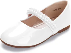 Hehainom Toddler Flower Girls Dress Shoes, Mary Jane Princess Ballet Flats with Bow and Peals for Party School