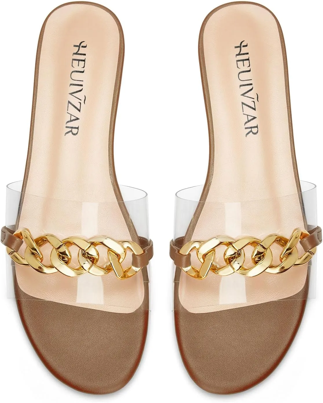 HEUIVZAR Womens Low Heel Peep Open Toe Flats Mules Slip-on Metal Chain Office Clear Dress Summer Shoes