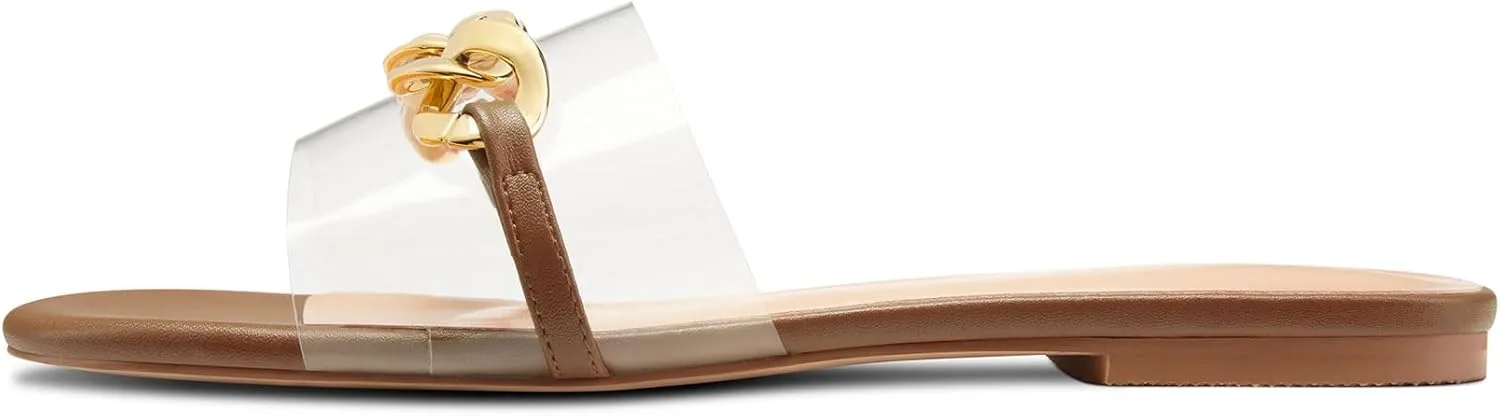 HEUIVZAR Womens Low Heel Peep Open Toe Flats Mules Slip-on Metal Chain Office Clear Dress Summer Shoes