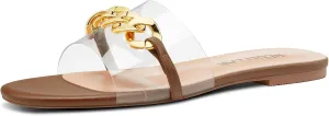 HEUIVZAR Womens Low Heel Peep Open Toe Flats Mules Slip-on Metal Chain Office Clear Dress Summer Shoes