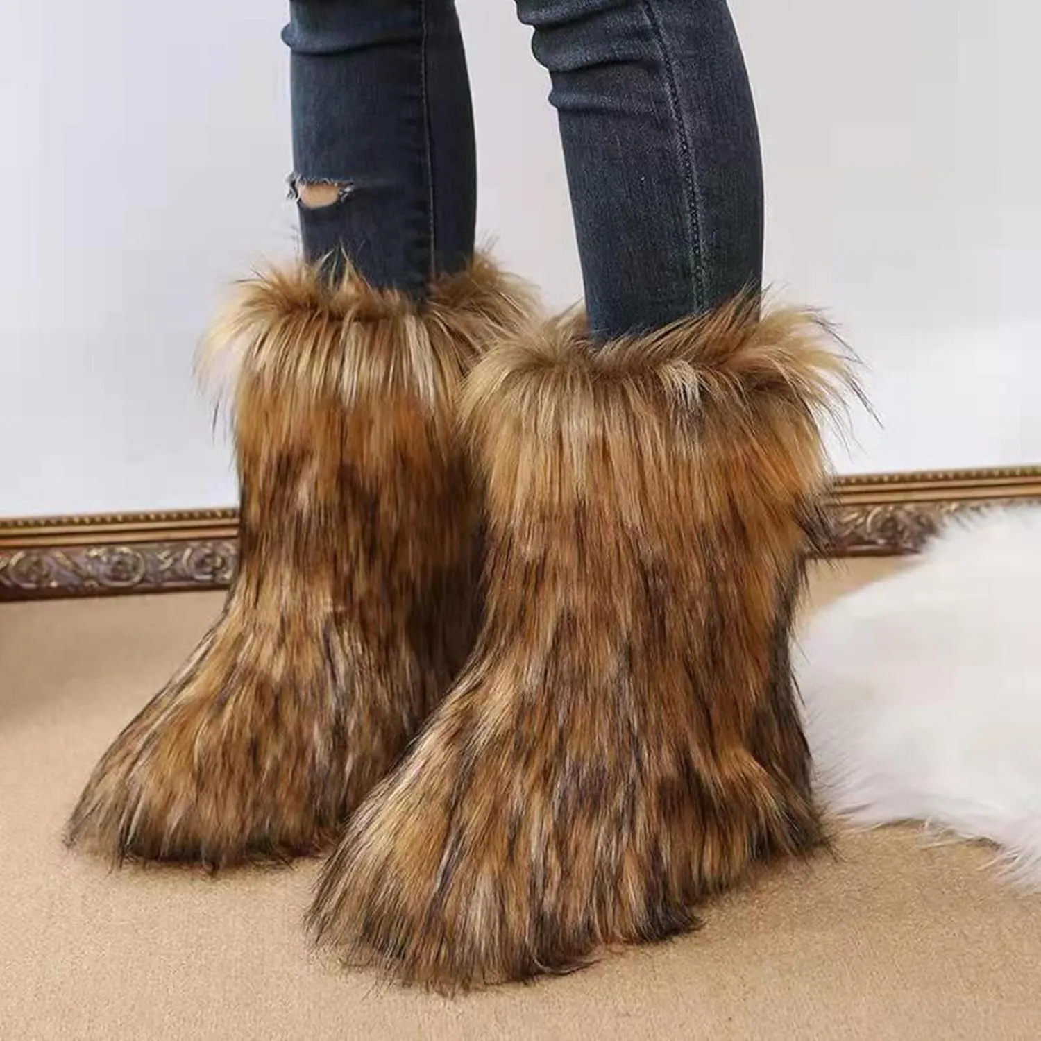 HINDOLA Womens Faux Fur Boots Snow Warm Fashion Fluffy Short Boots Comfortable Winter Ankle Booties Anti Slip Outdoor Indoor Flat Shoes Mid-Calf Boots