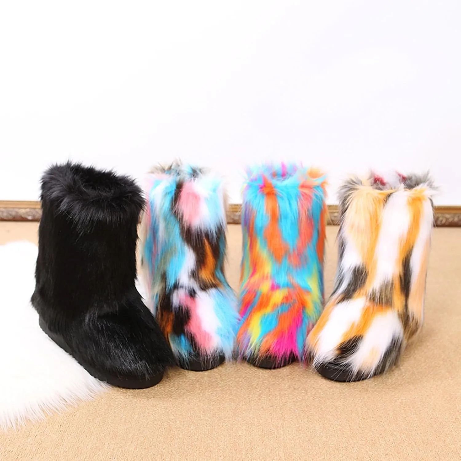 HINDOLA Womens Faux Fur Boots Snow Warm Fashion Fluffy Short Boots Comfortable Winter Ankle Booties Anti Slip Outdoor Indoor Flat Shoes Mid-Calf Boots