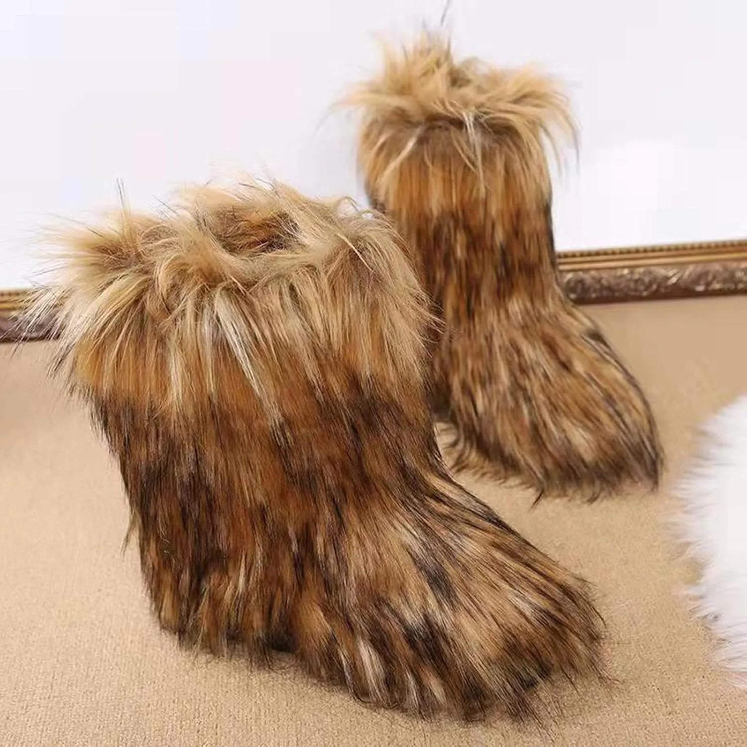 HINDOLA Womens Faux Fur Boots Snow Warm Fashion Fluffy Short Boots Comfortable Winter Ankle Booties Anti Slip Outdoor Indoor Flat Shoes Mid-Calf Boots