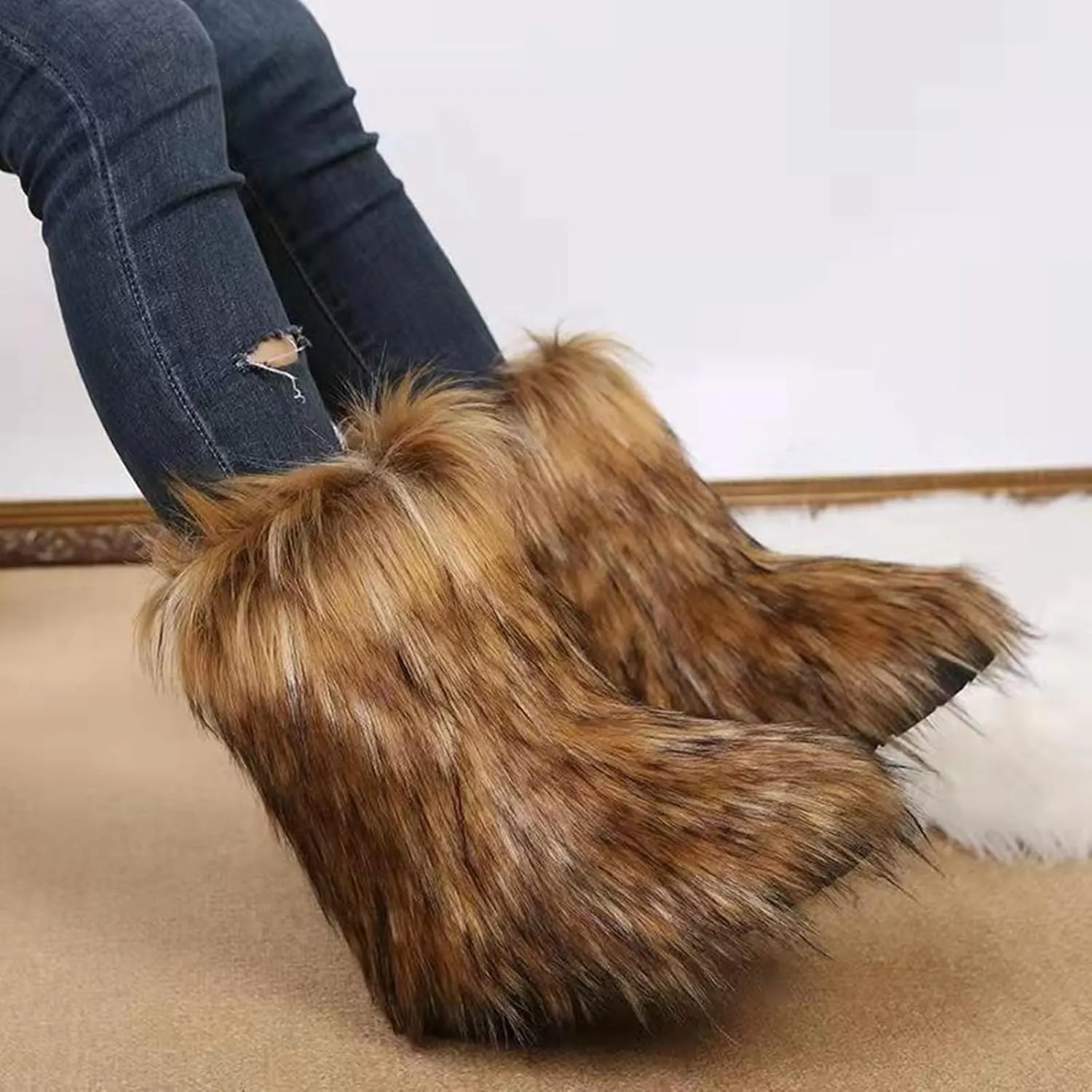 HINDOLA Womens Faux Fur Boots Snow Warm Fashion Fluffy Short Boots Comfortable Winter Ankle Booties Anti Slip Outdoor Indoor Flat Shoes Mid-Calf Boots
