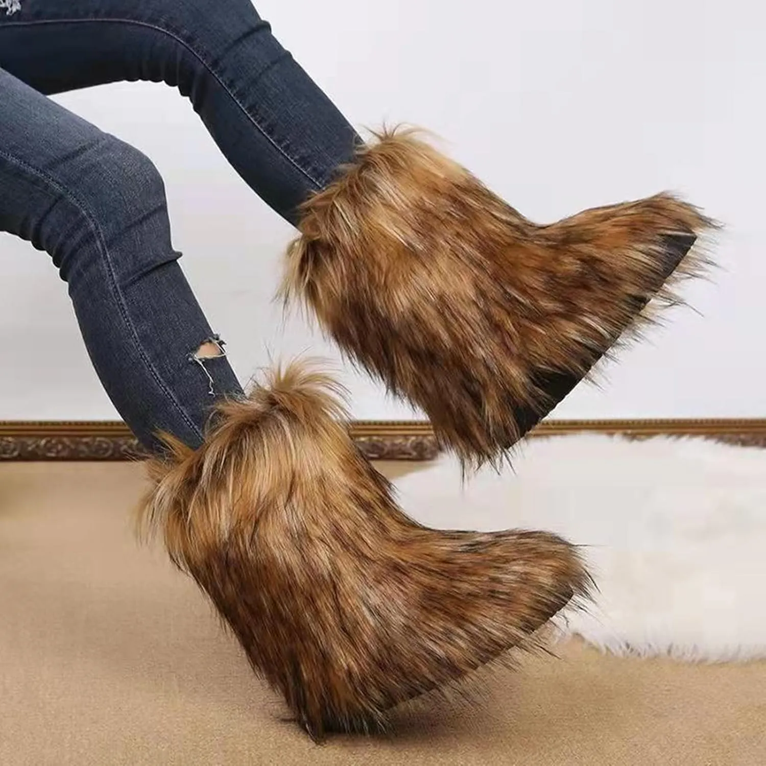 HINDOLA Womens Faux Fur Boots Snow Warm Fashion Fluffy Short Boots Comfortable Winter Ankle Booties Anti Slip Outdoor Indoor Flat Shoes Mid-Calf Boots