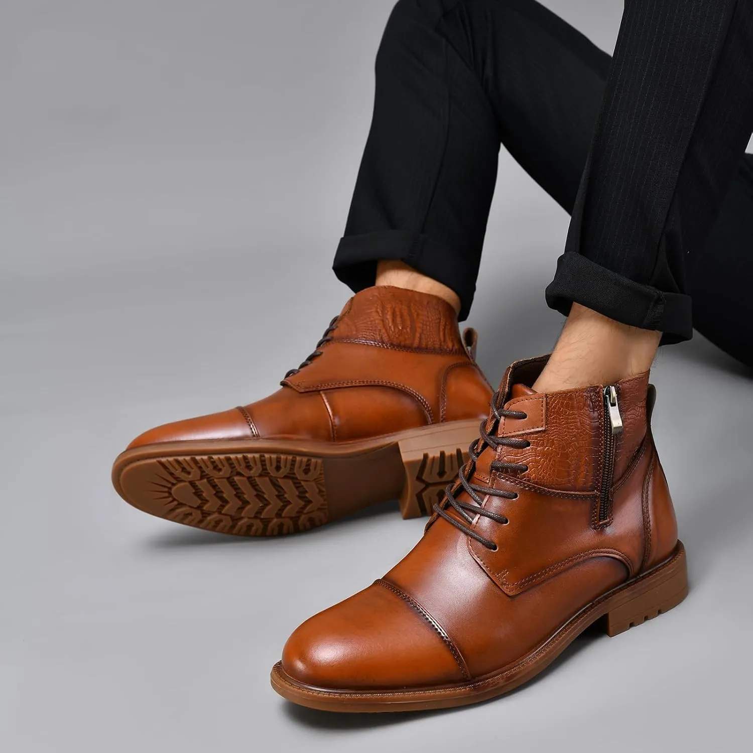 Holy dove Mens Oxford Leather Dress Boots Cap Toe Side Zip Fashion Mid Top Chukka Ankle Boots for Men