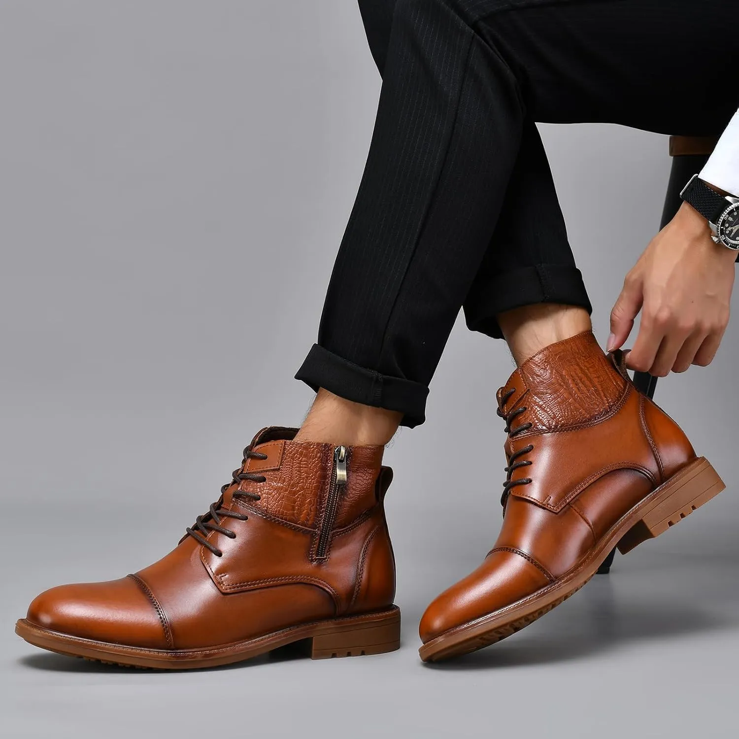 Holy dove Mens Oxford Leather Dress Boots Cap Toe Side Zip Fashion Mid Top Chukka Ankle Boots for Men