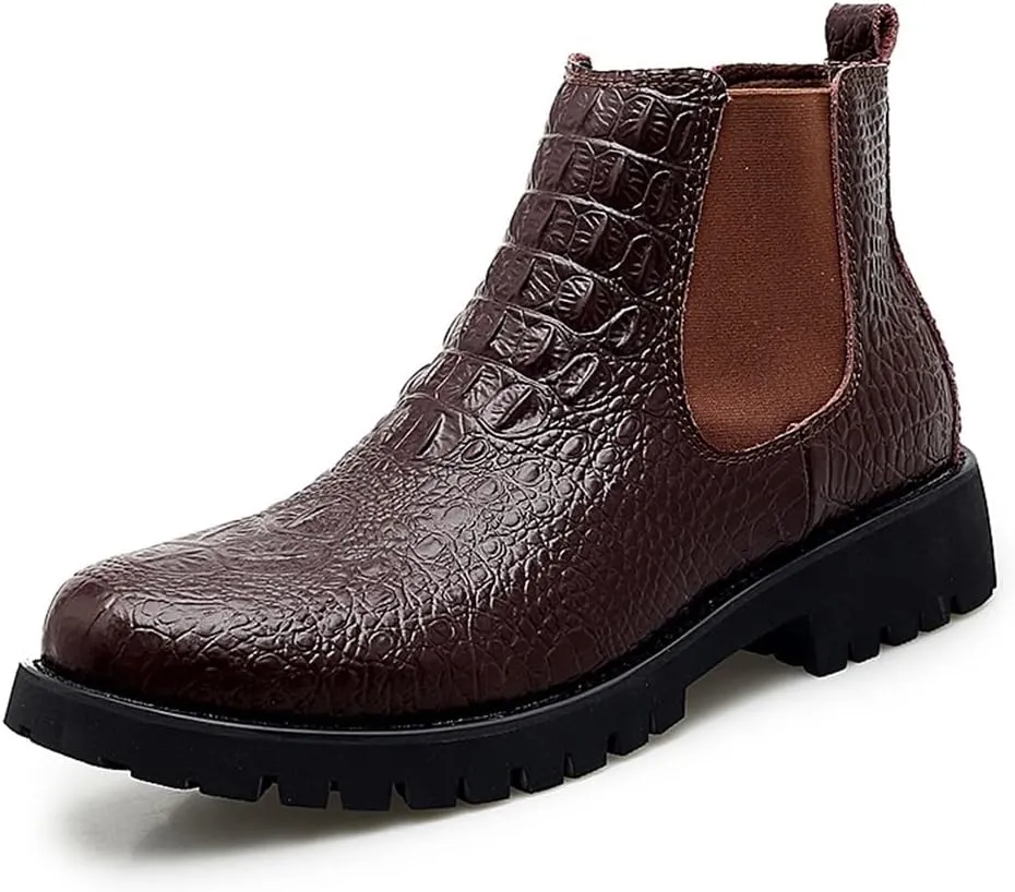 HOOENG Chelsea Boots for Men Crocodile Print Elastic Bandage Cowhide Leather Waterproof Slip on Wearable Non Slip Casual (Color : Brown, Size : 6)