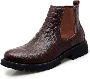 HOOENG Chelsea Boots for Men Crocodile Print Elastic Bandage Cowhide Leather Waterproof Slip on Wearable Non Slip Casual (Color : Brown, Size : 6)