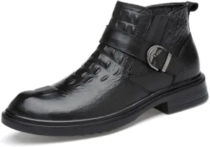 HOOENG Chelsea Boots for Men Crocodile Print with Buckle Genuine Leather Non Slip on Waterproof Wearable Anti-Slip Formal Dress (Color : Black Lined, Size : 7)