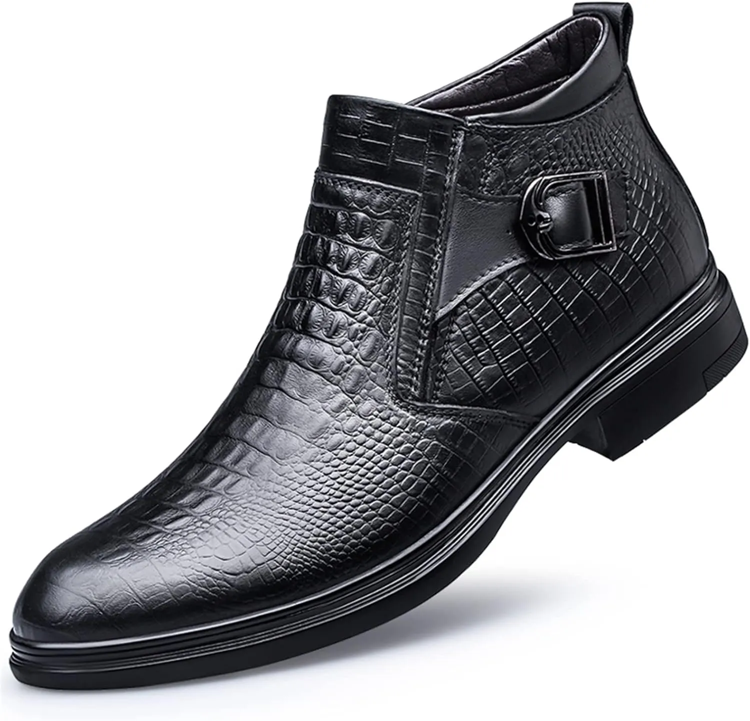 HOOENG Chelsea Boots for Men Crocodile Print with Buckle with Zipper Cowhide Leather Wearable Non Slip Anti-Slip Waterproof Slip on Classic Dress