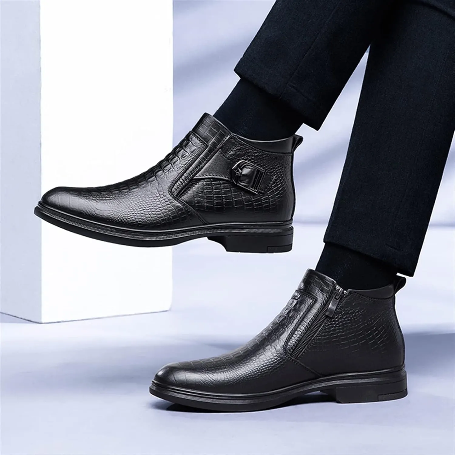 HOOENG Chelsea Boots for Men Crocodile Print with Buckle with Zipper Cowhide Leather Wearable Non Slip Anti-Slip Waterproof Slip on Classic Dress