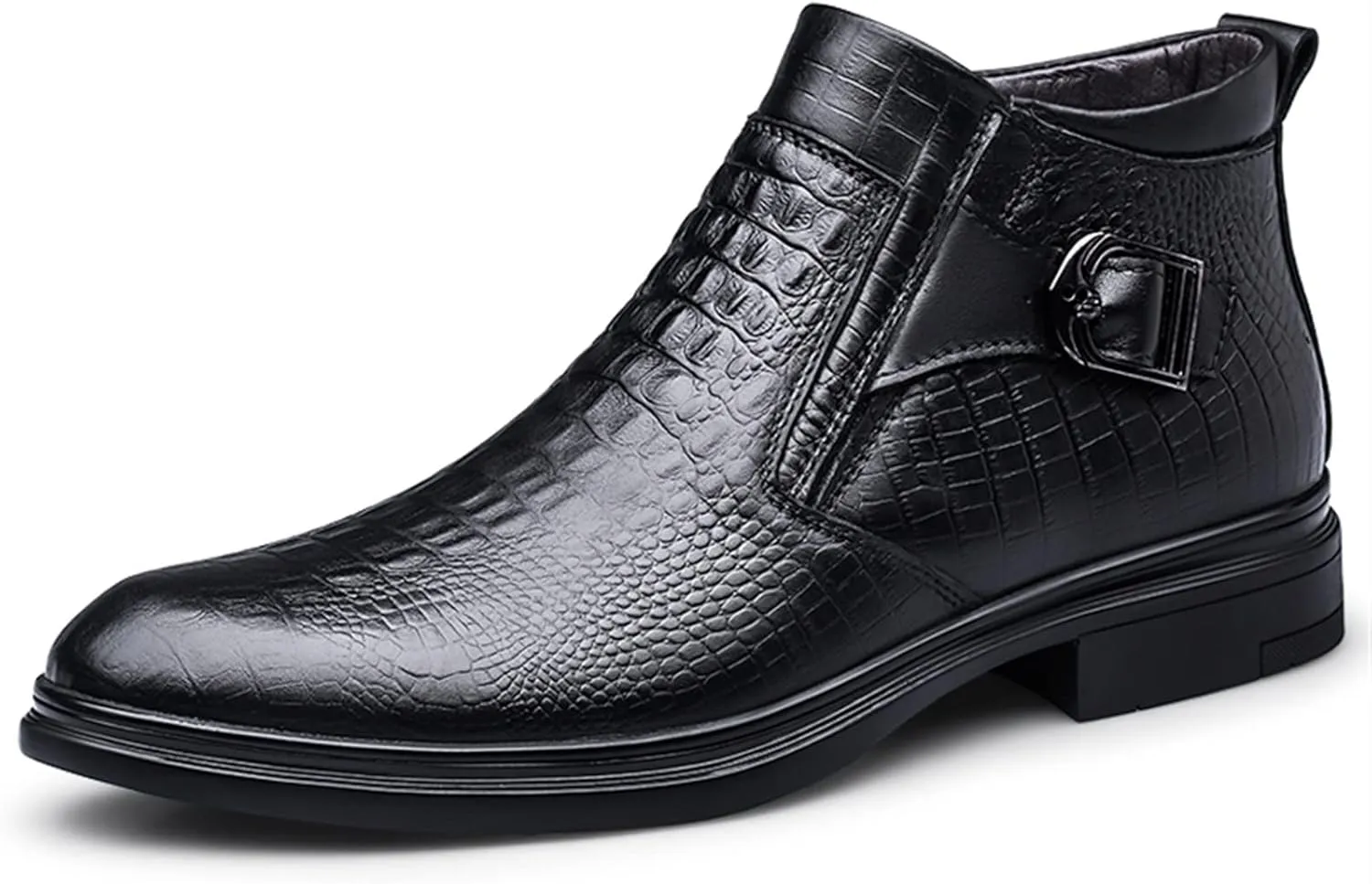 HOOENG Chelsea Boots for Men Crocodile Print with Buckle with Zipper Cowhide Leather Wearable Non Slip Anti-Slip Waterproof Slip on Classic Dress