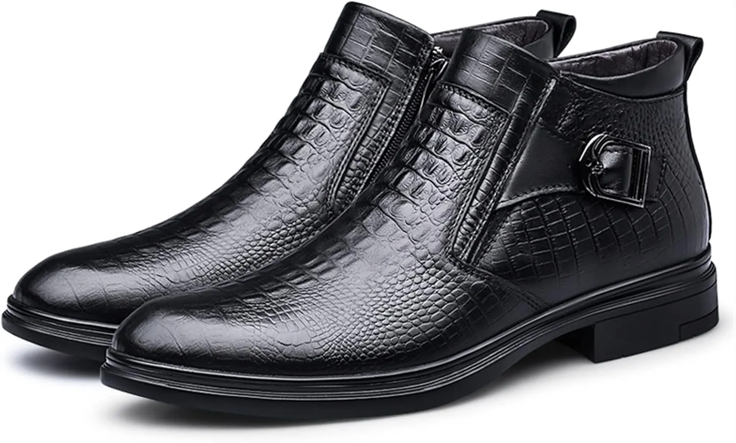 HOOENG Chelsea Boots for Men Crocodile Print with Buckle with Zipper Cowhide Leather Wearable Non Slip Anti-Slip Waterproof Slip on Classic Dress