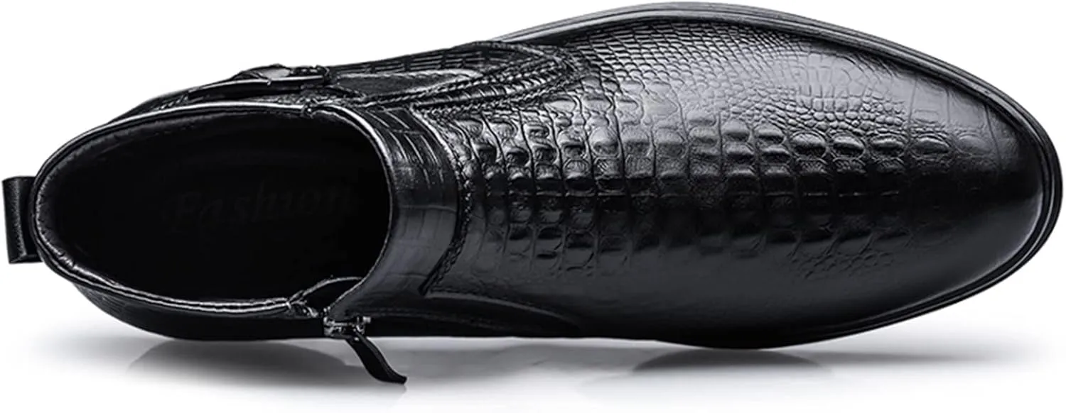 HOOENG Chelsea Boots for Men Crocodile Print with Buckle with Zipper Cowhide Leather Wearable Non Slip Anti-Slip Waterproof Slip on Classic Dress
