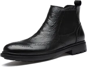 HOOENG Chelsea Boots for Men Elastic Bandage Carved Brogue Win Tip Crocodile Print Cowhide Leather Non Slip Wearable Anti-Slip Slip on Formal (Color : Black Lined, Size : 9)