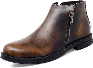 HOOENG Round Toe Ankle Boots for Men Double Side Zip Retro Cowhide Leather Slip on Waterproof Wearable Non Slip Work Fashion (Color : Brown, Size : 8.5)