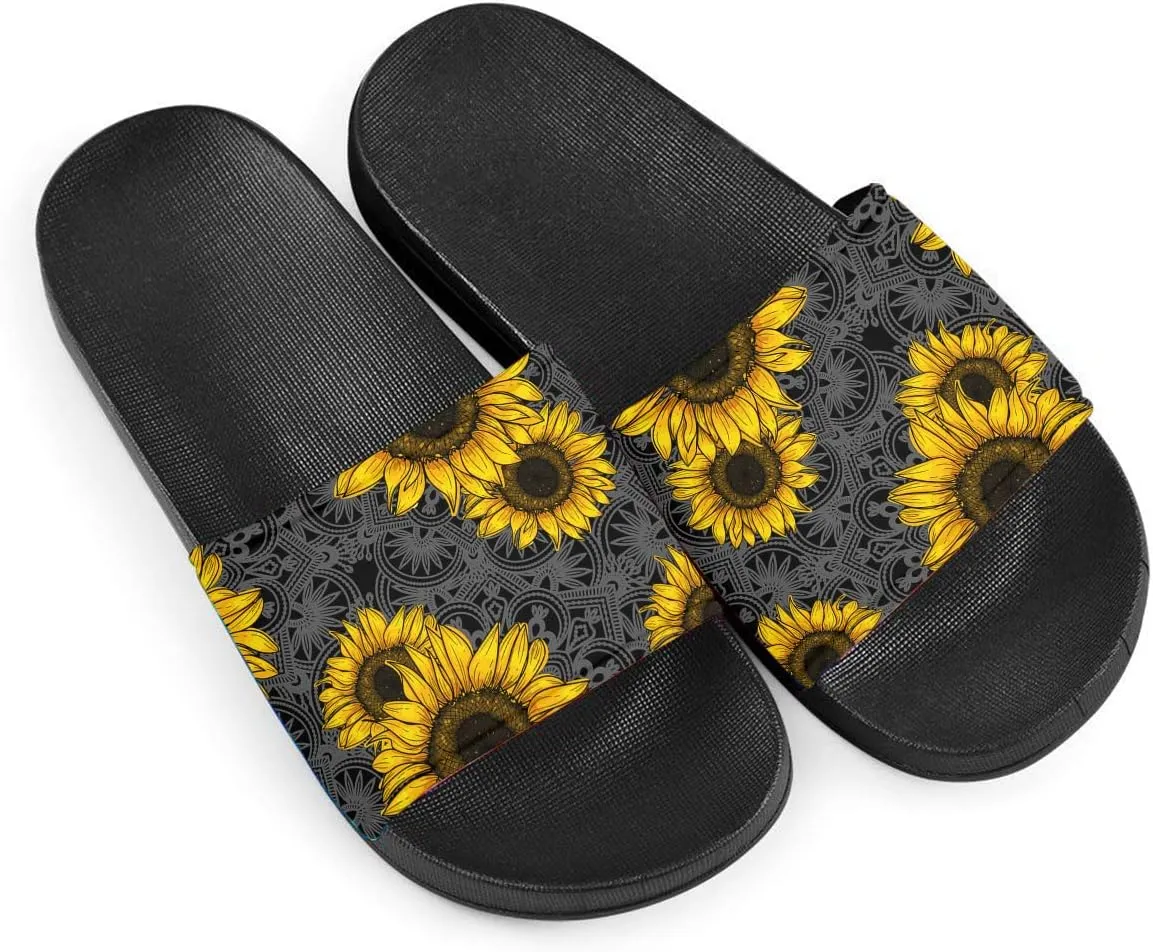Howilath Novelty Sunflowers Pattern Slide Sandals for Women Girls, Comfotable Open Toe Non Slip Single Band Slide Sandals