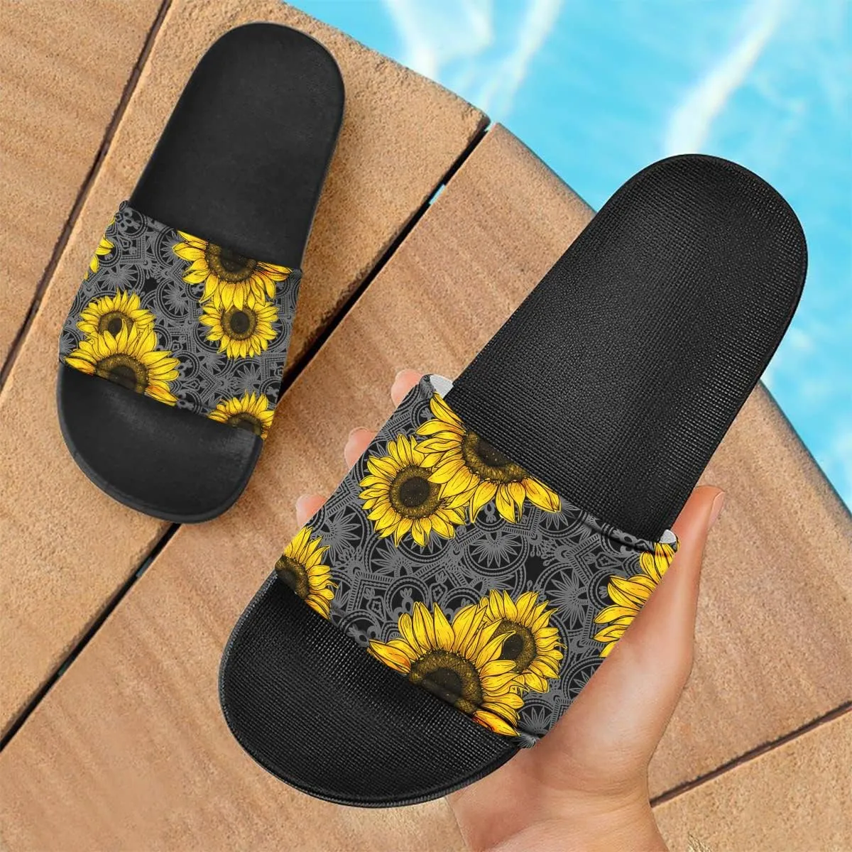 Howilath Novelty Sunflowers Pattern Slide Sandals for Women Girls, Comfotable Open Toe Non Slip Single Band Slide Sandals