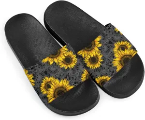 Howilath Novelty Sunflowers Pattern Slide Sandals for Women Girls, Comfotable Open Toe Non Slip Single Band Slide Sandals