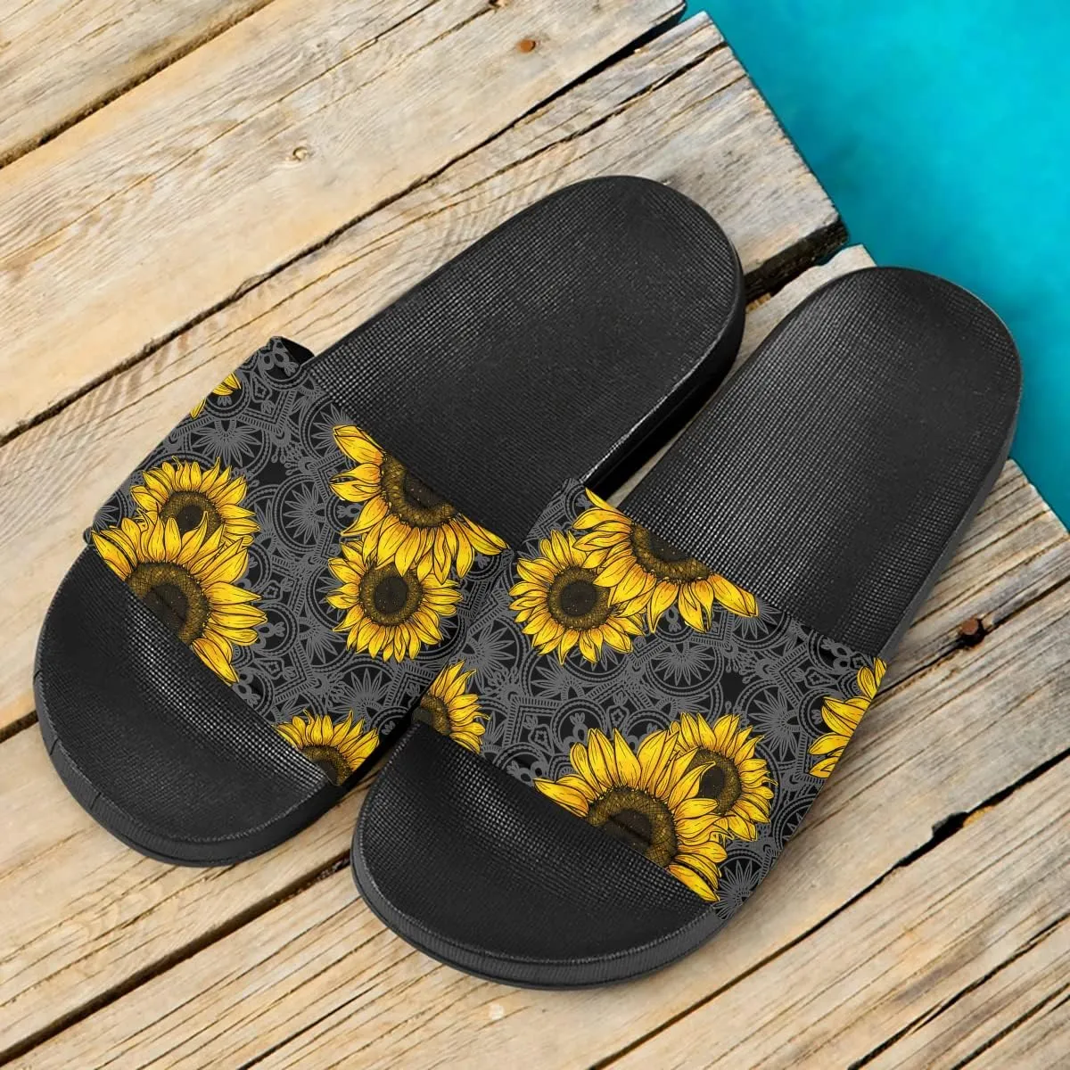 Howilath Novelty Sunflowers Pattern Slide Sandals for Women Girls, Comfotable Open Toe Non Slip Single Band Slide Sandals