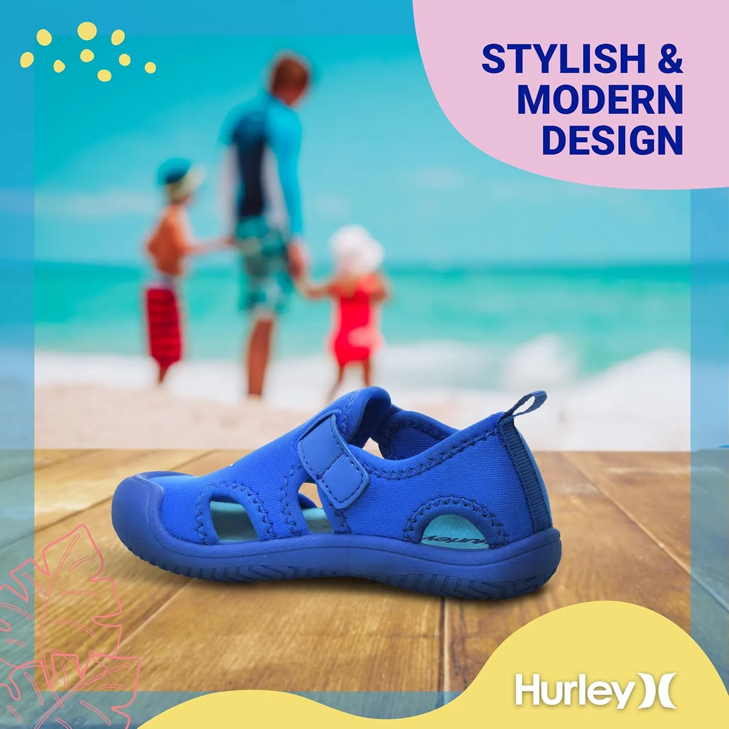 Hurley Kona Toddler Water Shoes - Beach Essentials, Girls and Boys Closed Toe Sandals, Lightweight, Breathable, Kids Water Shoes with Non-Slip Sole and Adjustable Straps, Outdoor Toddler Swim Shoes