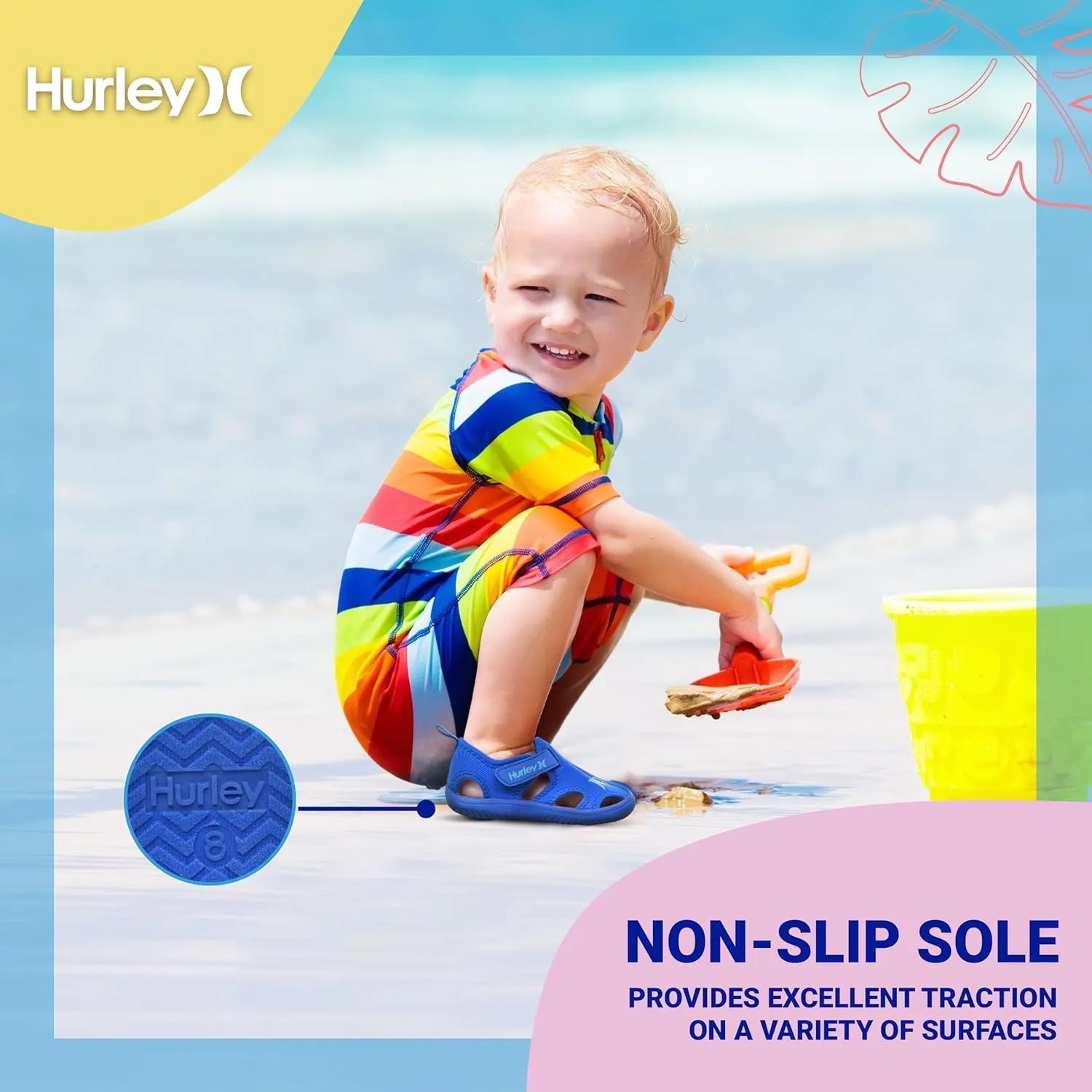 Hurley Kona Toddler Water Shoes - Beach Essentials, Girls and Boys Closed Toe Sandals, Lightweight, Breathable, Kids Water Shoes with Non-Slip Sole and Adjustable Straps, Outdoor Toddler Swim Shoes