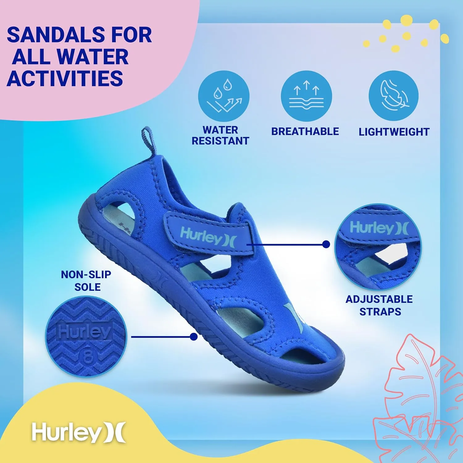 Hurley Kona Toddler Water Shoes - Beach Essentials, Girls and Boys Closed Toe Sandals, Lightweight, Breathable, Kids Water Shoes with Non-Slip Sole and Adjustable Straps, Outdoor Toddler Swim Shoes