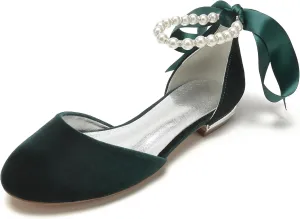 Hyinlays Women's Velvet Pumps Ankle Strap Closed Toe Flats with Pearls Wedding Comfort Low Heel Evening Dress Work Shoes
