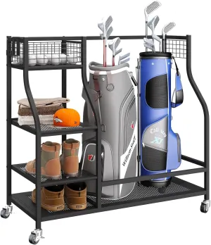 IBUYKE Golf Bag Organizer, Golf Storage Organizer for Garage with Lockable Wheels, Golf Club Bag Storage Rack for 2 Golf Bags Garage Golf Clubs Golfing Equipment Accessories, TBL003B