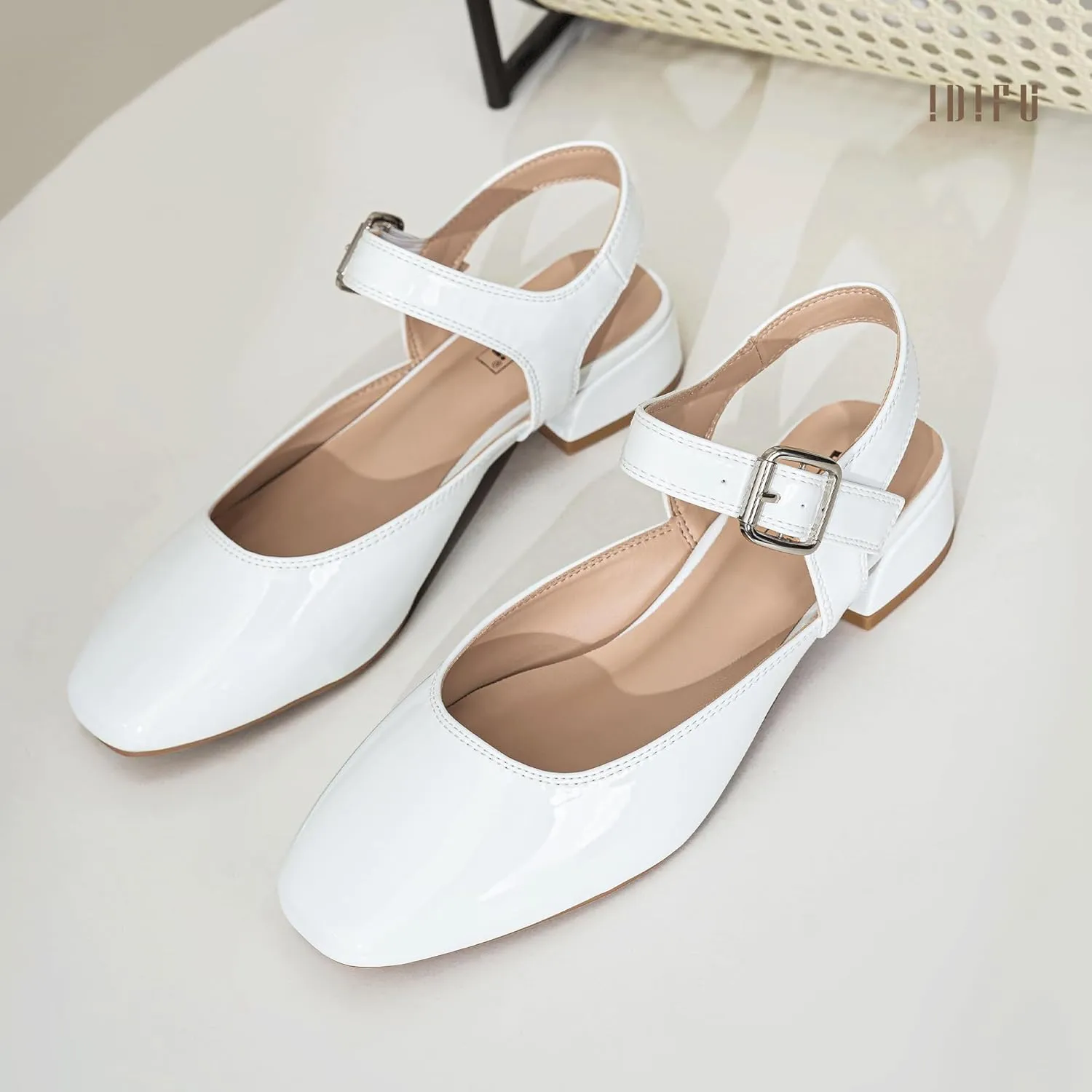 IDIFU Slingback Flats for Women Mary Jane Ballet Flats Square Toe Low Heel Ankle Strap Dress Shoes for Women Comfortable Wedding Bridal Work Office Trendy Dressy Casual Flats Shoes