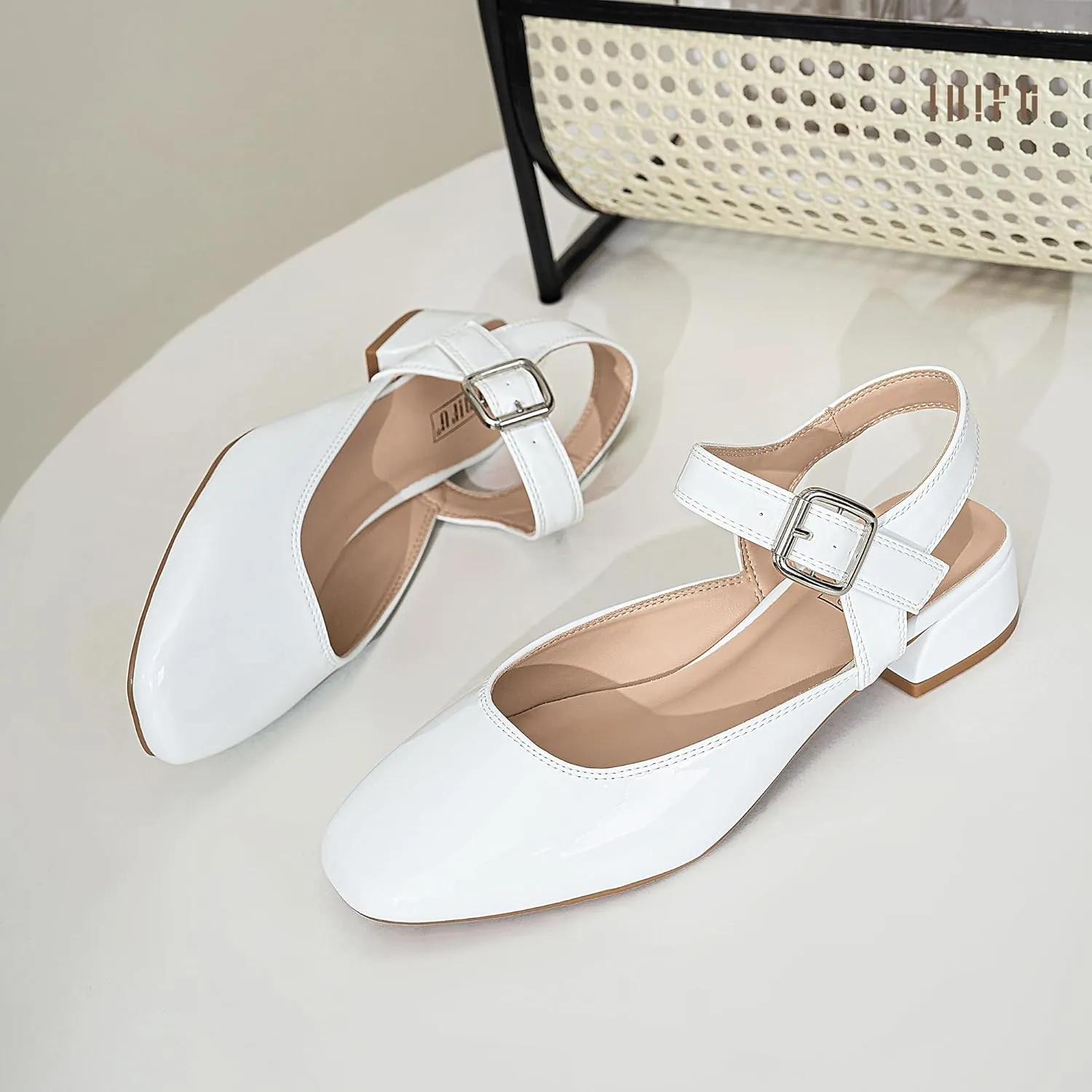 IDIFU Slingback Flats for Women Mary Jane Ballet Flats Square Toe Low Heel Ankle Strap Dress Shoes for Women Comfortable Wedding Bridal Work Office Trendy Dressy Casual Flats Shoes