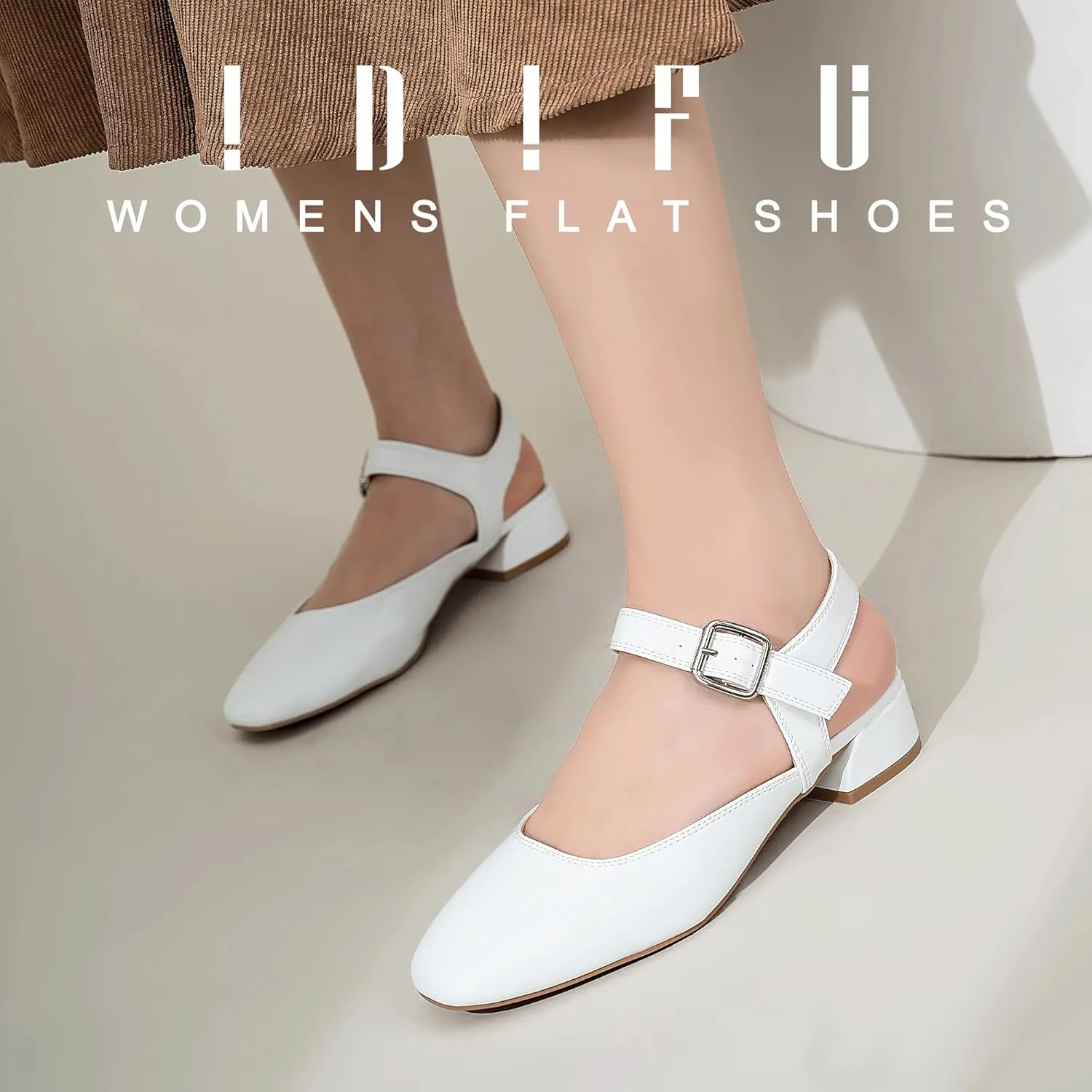 IDIFU Slingback Flats for Women Mary Jane Ballet Flats Square Toe Low Heel Ankle Strap Dress Shoes for Women Comfortable Wedding Bridal Work Office Trendy Dressy Casual Flats Shoes