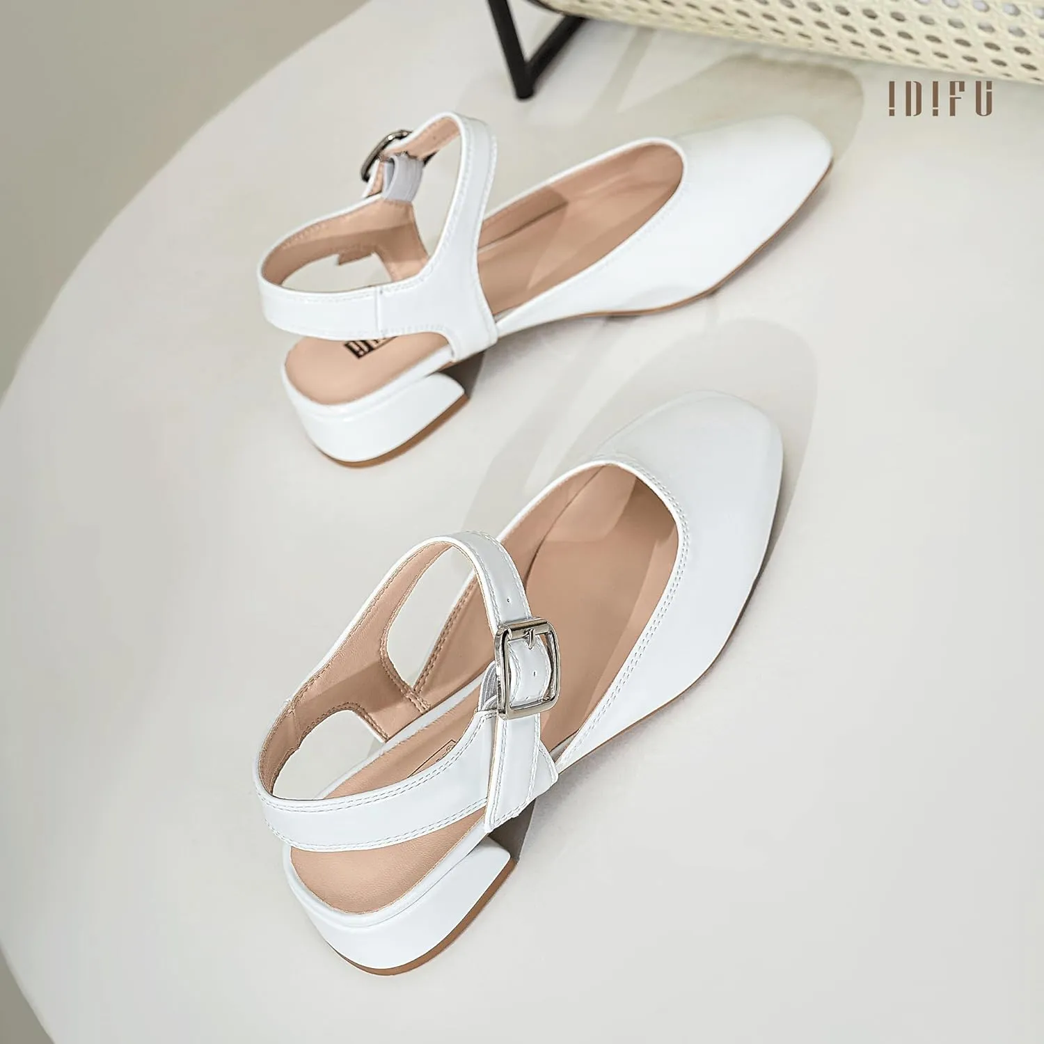 IDIFU Slingback Flats for Women Mary Jane Ballet Flats Square Toe Low Heel Ankle Strap Dress Shoes for Women Comfortable Wedding Bridal Work Office Trendy Dressy Casual Flats Shoes