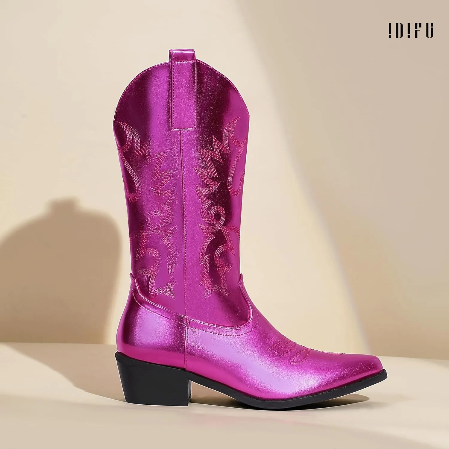 IDIFU Women's Cowboy Boots for Women Cowgirl Boots Western Boots Mid Calf Embroidered Chunky Low Heel Pointed Toe Country Boots Dress Cute Fashion Comfortable Cowboy Cowgirl Boots Booties