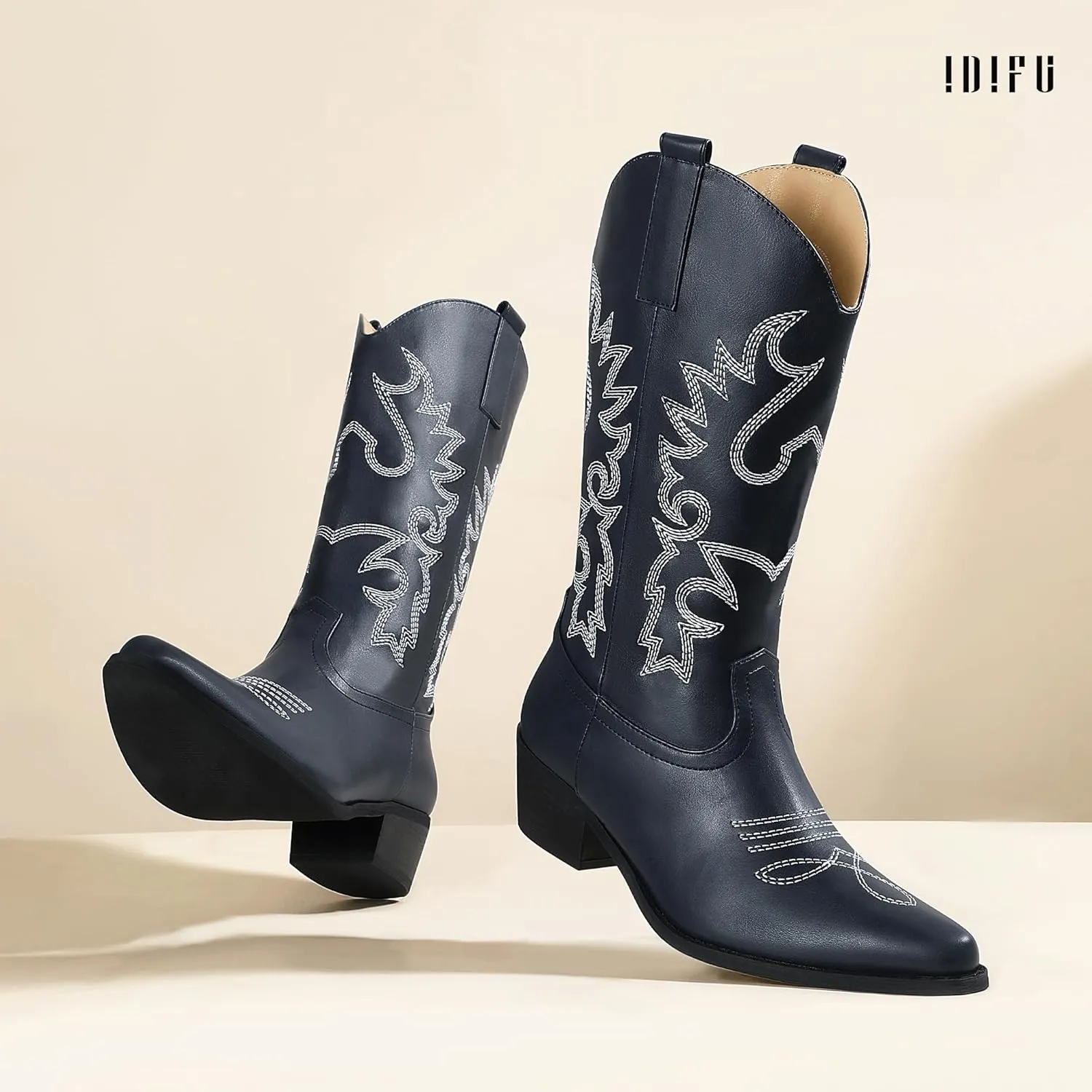 IDIFU Women's Cowboy Boots for Women Cowgirl Boots Western Boots Mid Calf Embroidered Chunky Low Heel Pointed Toe Country Boots Dress Cute Fashion Comfortable Cowboy Cowgirl Boots Booties